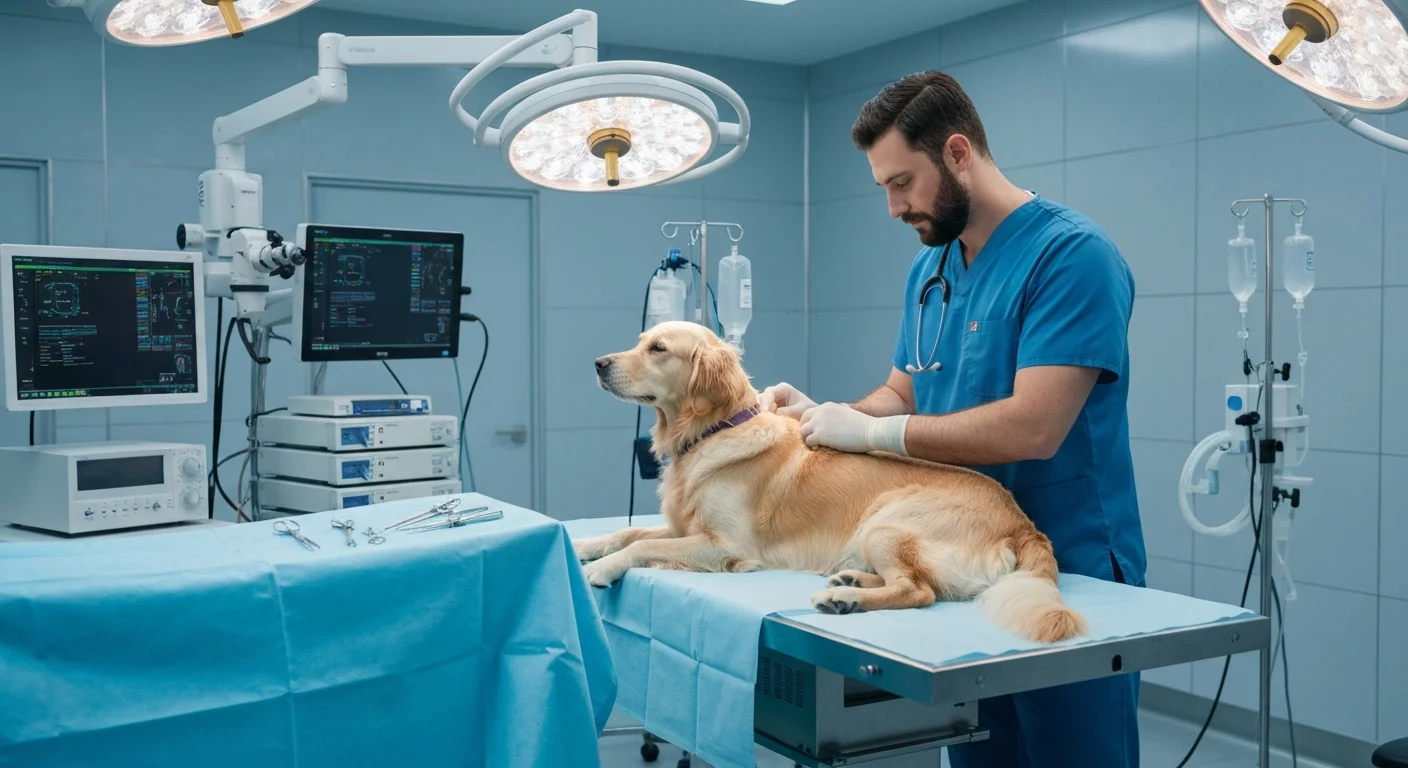 Veterinarian preparing a dog for surgery in a modern operating room
