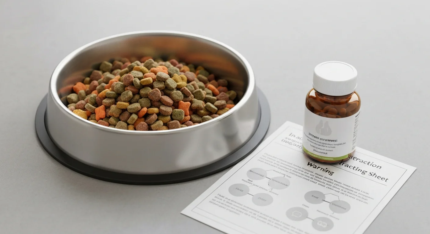 Dog food bowls with supplements on counter