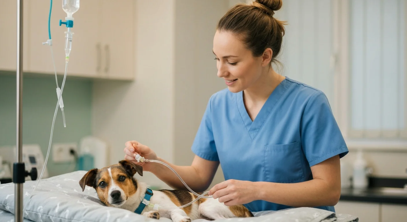 Veterinarian administering IV therapy to a dog