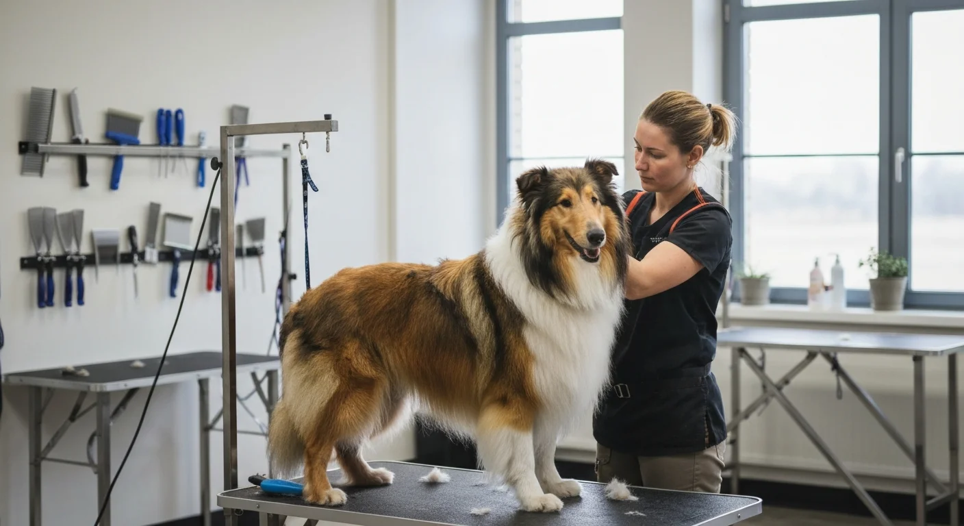 Groomer with Collie dog during grooming session