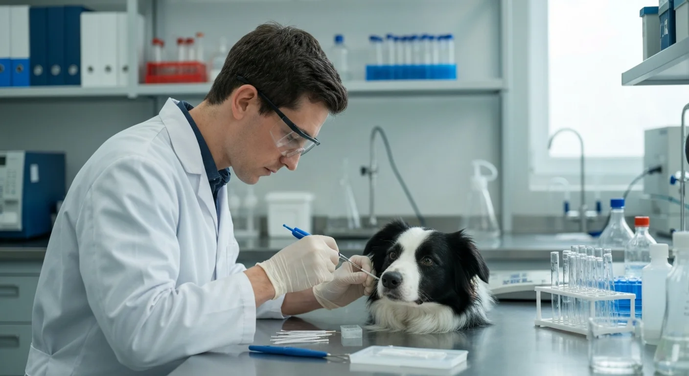 Laboratory technician processing a cheek swab DNA sample from a Border Collie