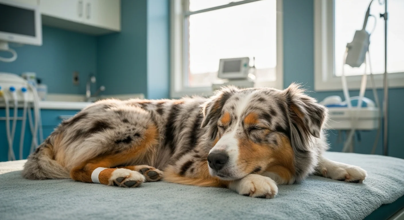 Australian Shepherd recovering after veterinary treatment