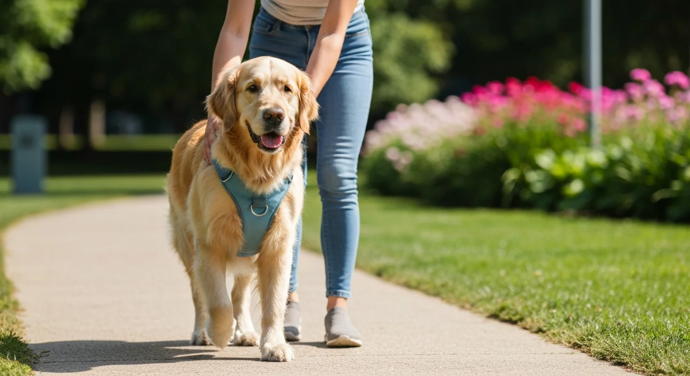 Dog with owner during post-toxicity recovery walk